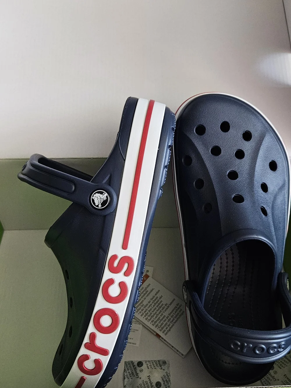 CROCS Navy Slip-On Clogs with Red & White Side Stripe